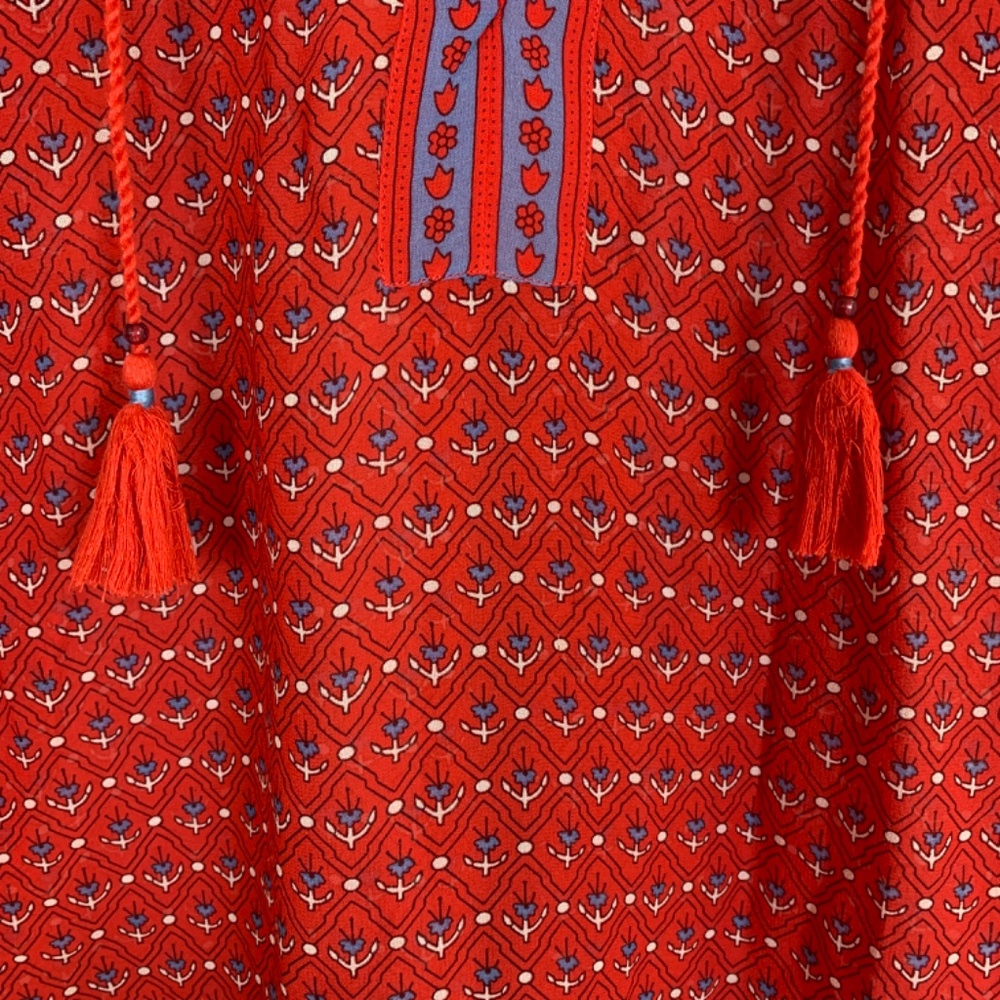Ulla Johnson Silk Ruffle Top Blouse Womens Size 2 Red Floral Tassel Tie Sheer - Picture 8 of 14